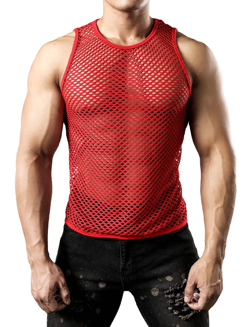 JOGAL Men's Mesh Fishnet Fitted Sleeveless Muscle Top Medium WG01 Red - Image 2
